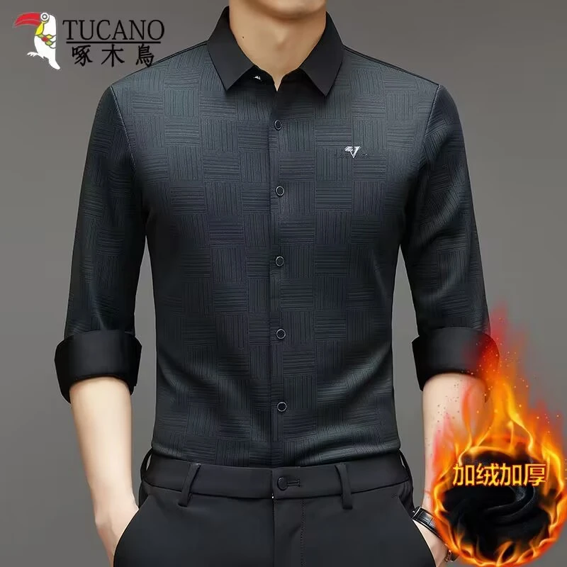 高档加绒衬衫男冬季中年商务无痕免烫加绒加厚保暖衬衣男衬衫穿搭