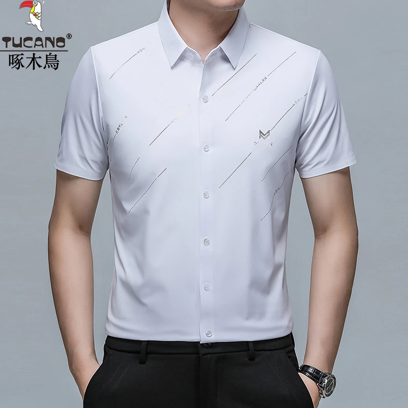啄木鸟无痕冰丝短袖衬衫男士夏季商务休闲透气弹力抗皱印花衬衣男