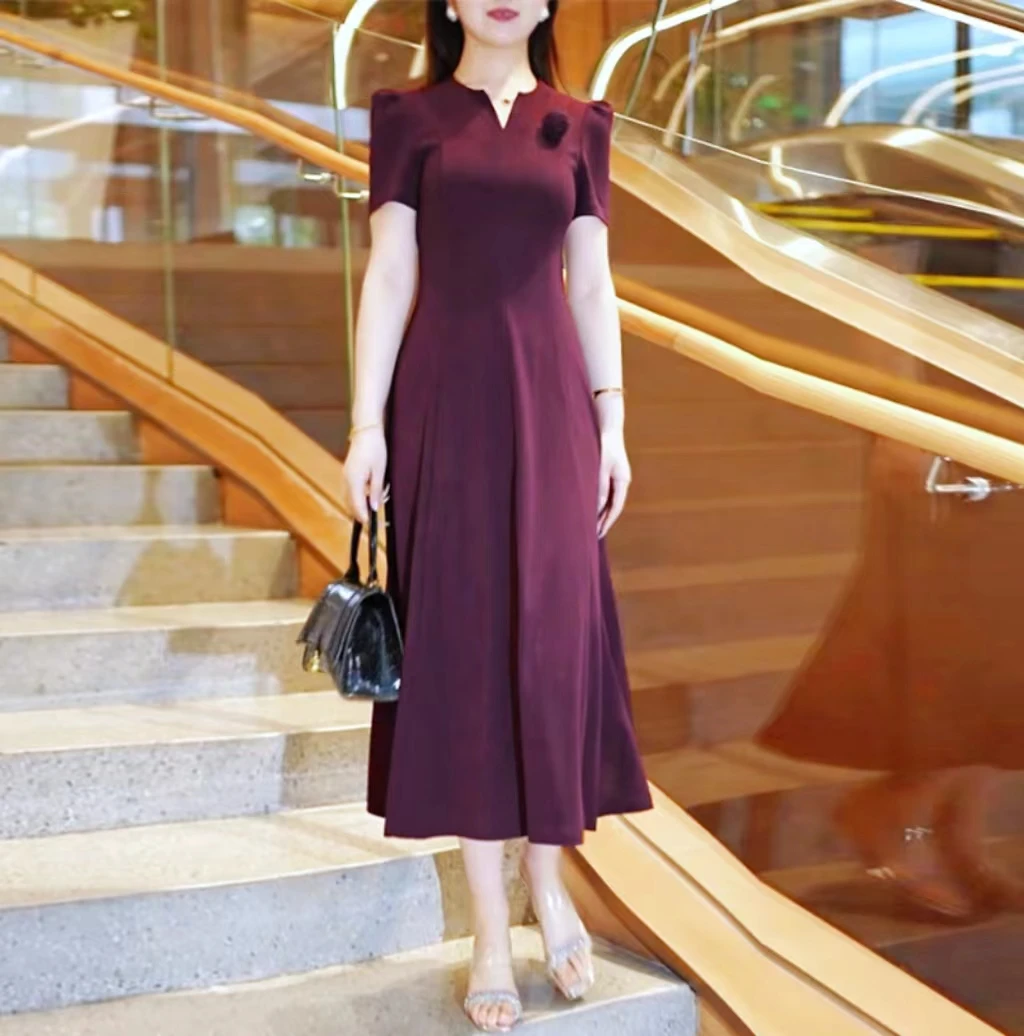 2025夏季紫红色连衣裙女新款短袖气质收腰显瘦减龄长连衣裙1678