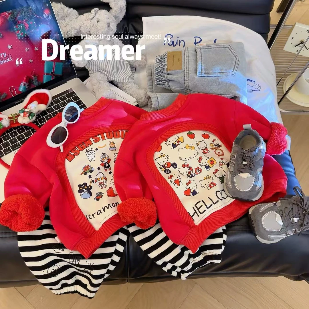 （双节钜惠）2025新年喜庆大红加绒加厚长袖儿童卫衣保暖拜年服