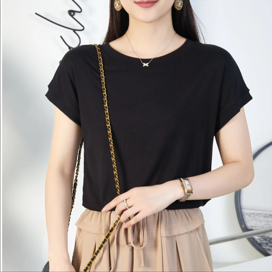 夏季新品宽松蝙蝠袖简约显瘦纯色圆领飞袖T恤女短袖T恤女