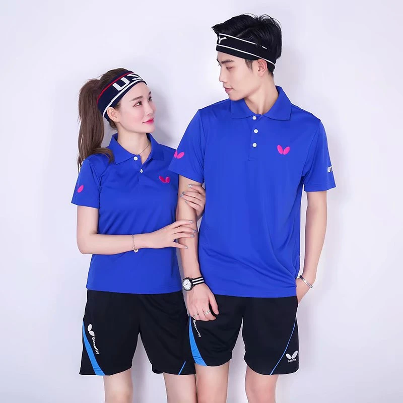 新款蝴蝶乒乓球服比赛男女装速干短袖运动服上衣翻领蓝色夏季吸汗