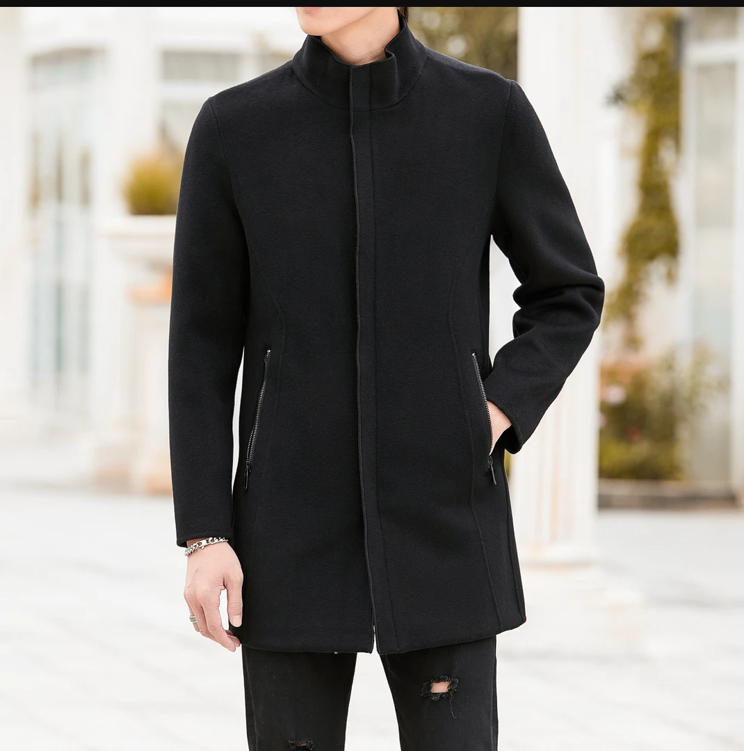 瘦子福利立领大衣金家长款羊毛男外套男士