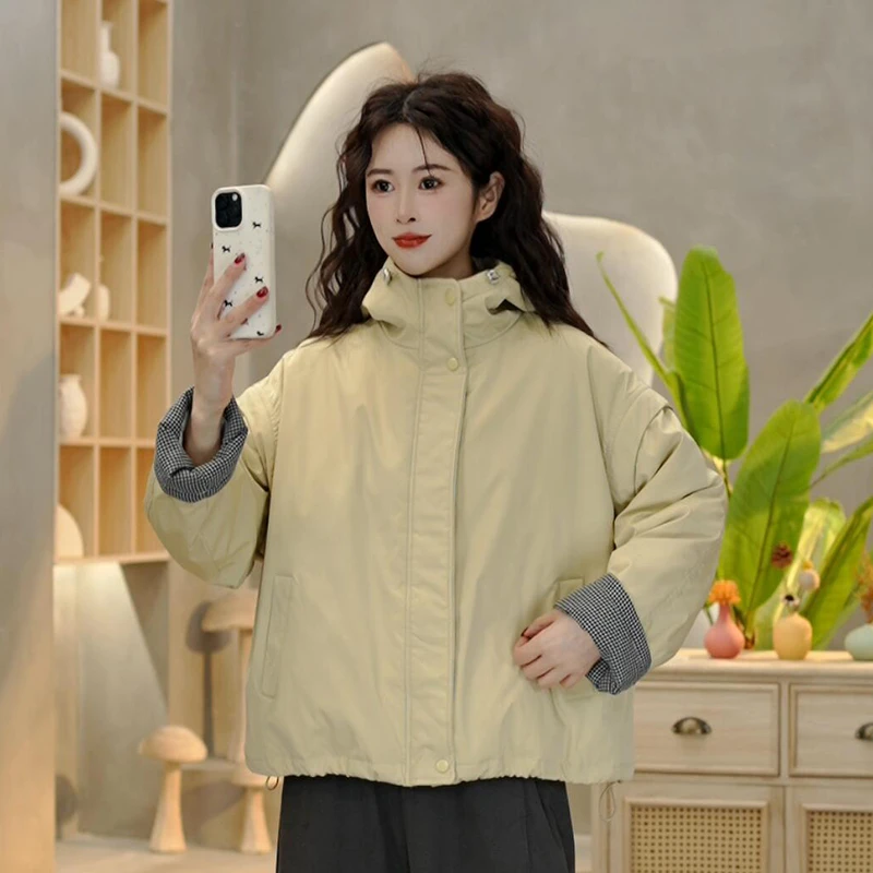 8811 冬季新款连帽设计感下摆抽绳厚款棉衣洋气袖子翻袖格子外套