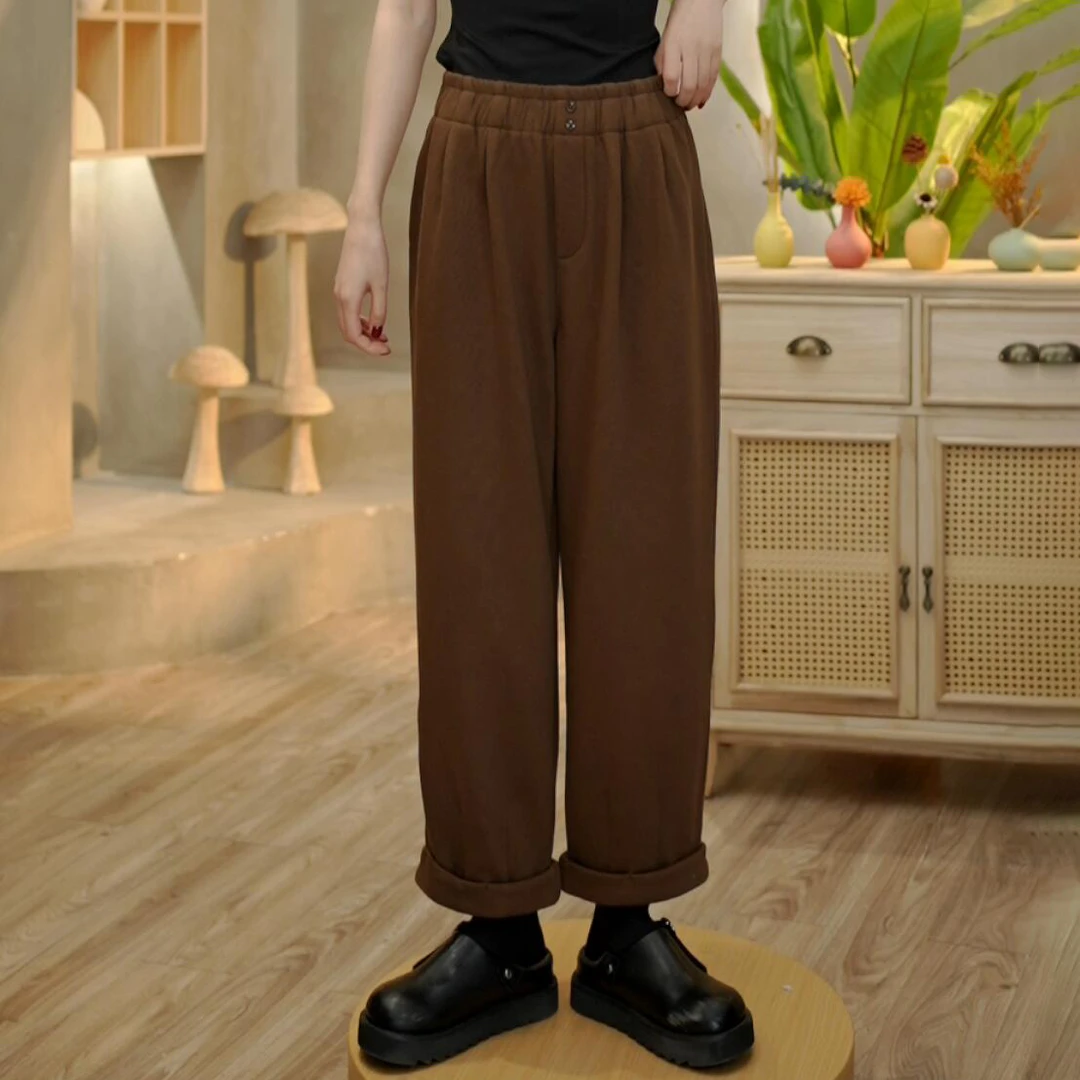 3808 冬新款加绒加厚时尚松紧腰显瘦女士休闲阔腿百搭直筒裤