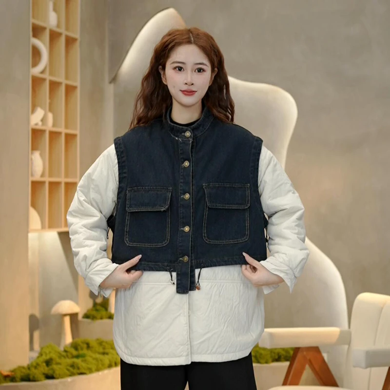 3758 冬季新款牛仔拼接假两件加厚棉衣大版宽松时尚洋气棉服上衣