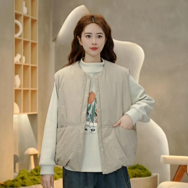 3781 简约宽松夹棉圆领马甲单排扣秋冬新款加厚保暖棉马夹