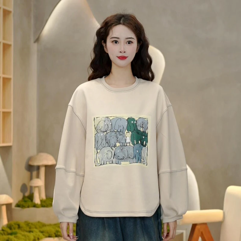 6621圆领大象印花卫衣休闲时尚百搭宽松长袖上衣