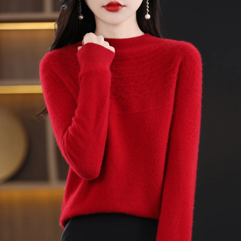 【100%纯羊毛】镂空半高女修身内搭打底衫女长袖保暖洋气内搭