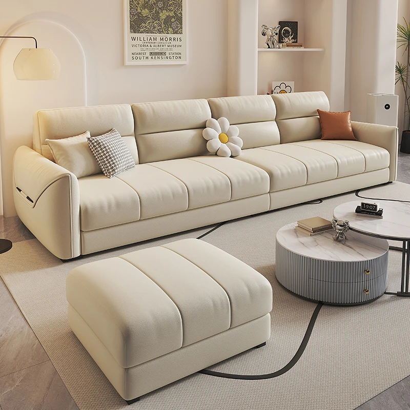 意式极简免洗猫爪皮艺沙发奶油风小户型客厅直排科技布艺沙发