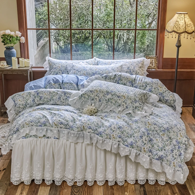 全棉简约印花夹棉床罩床裙四件套纯棉100加厚床盖被套双人1.8米床