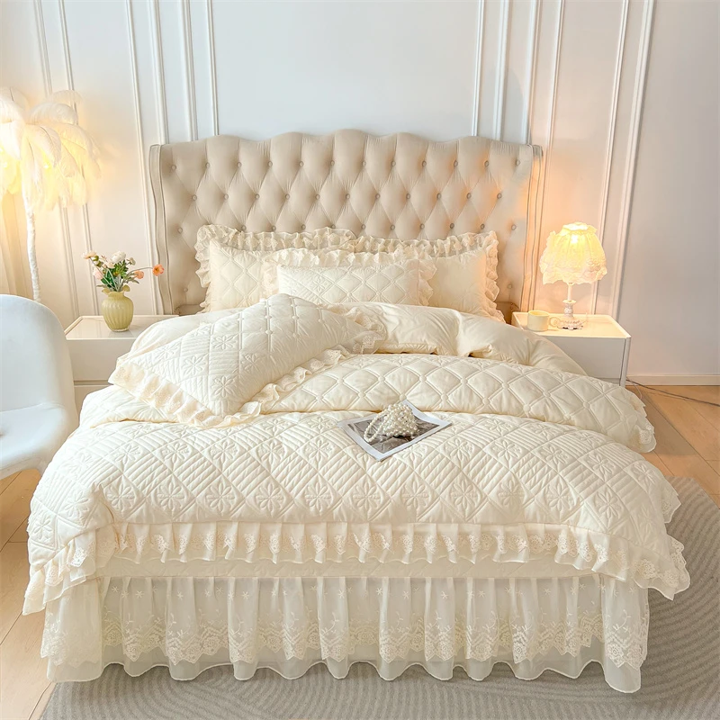 公主风床盖四件套荷叶花边被套夹棉厚床单四季通用全棉纯棉床用品