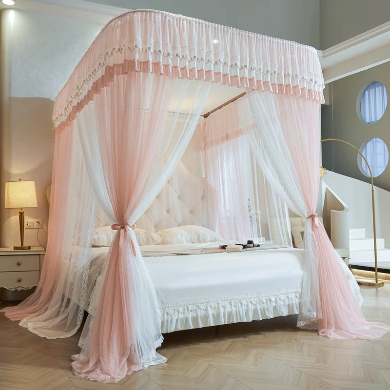 新款U型轨道滑轮导轨蚊帐双层纱加密公主风宫廷落地家用卧室床幔4