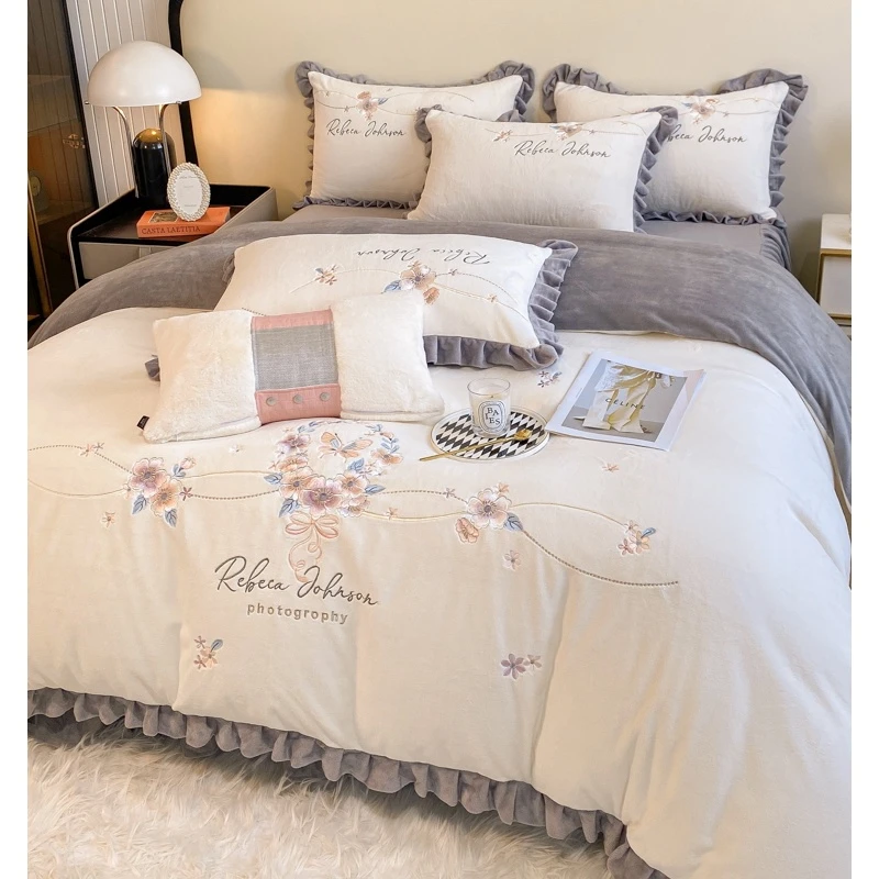 少女心韩版绣花花边款牛奶绒四件套全棉床单被套床上用品床笠绒被