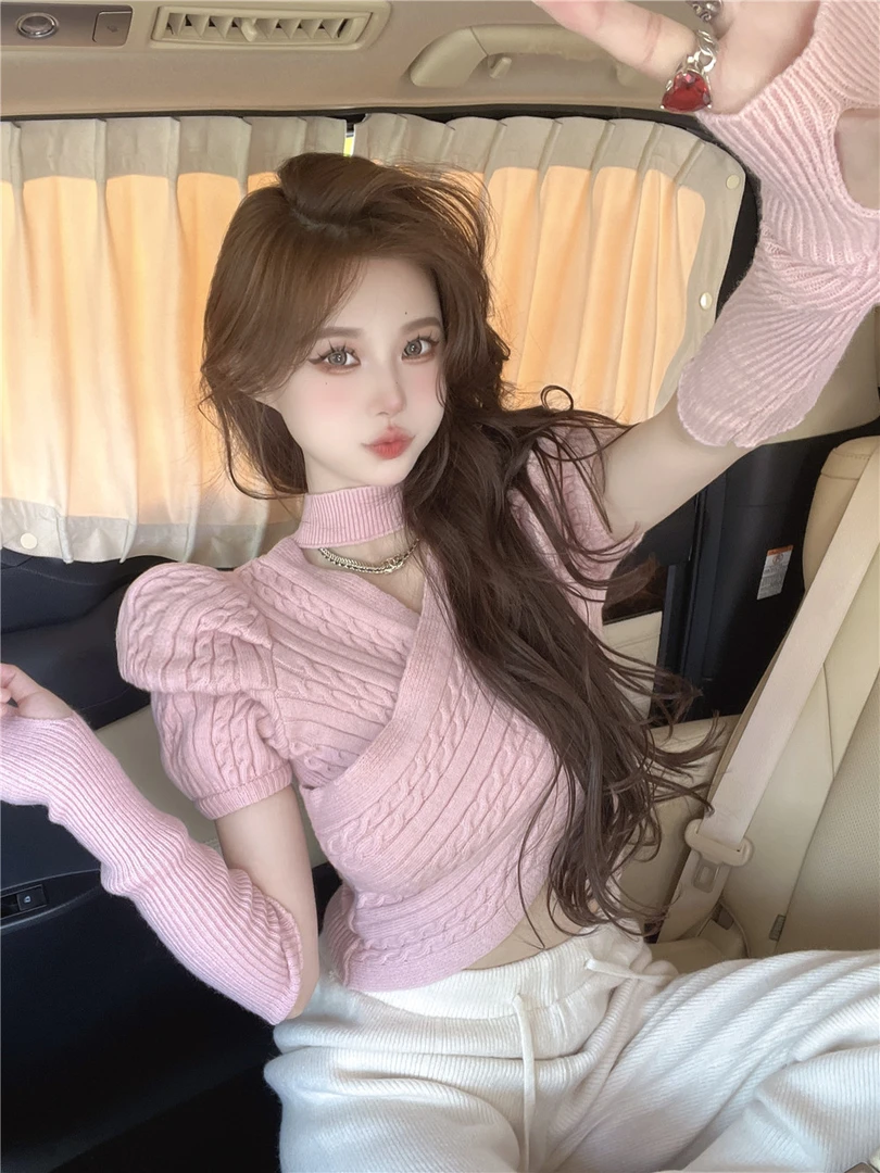 秋冬纯欲洋气交叉V领麻花气质泡泡袖配袖套显瘦打底外穿毛衣上衣