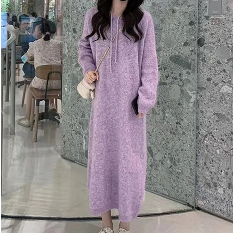 慵懒风高级感时尚连帽针织连衣裙女秋季小个子宽松显瘦打底毛衣裙