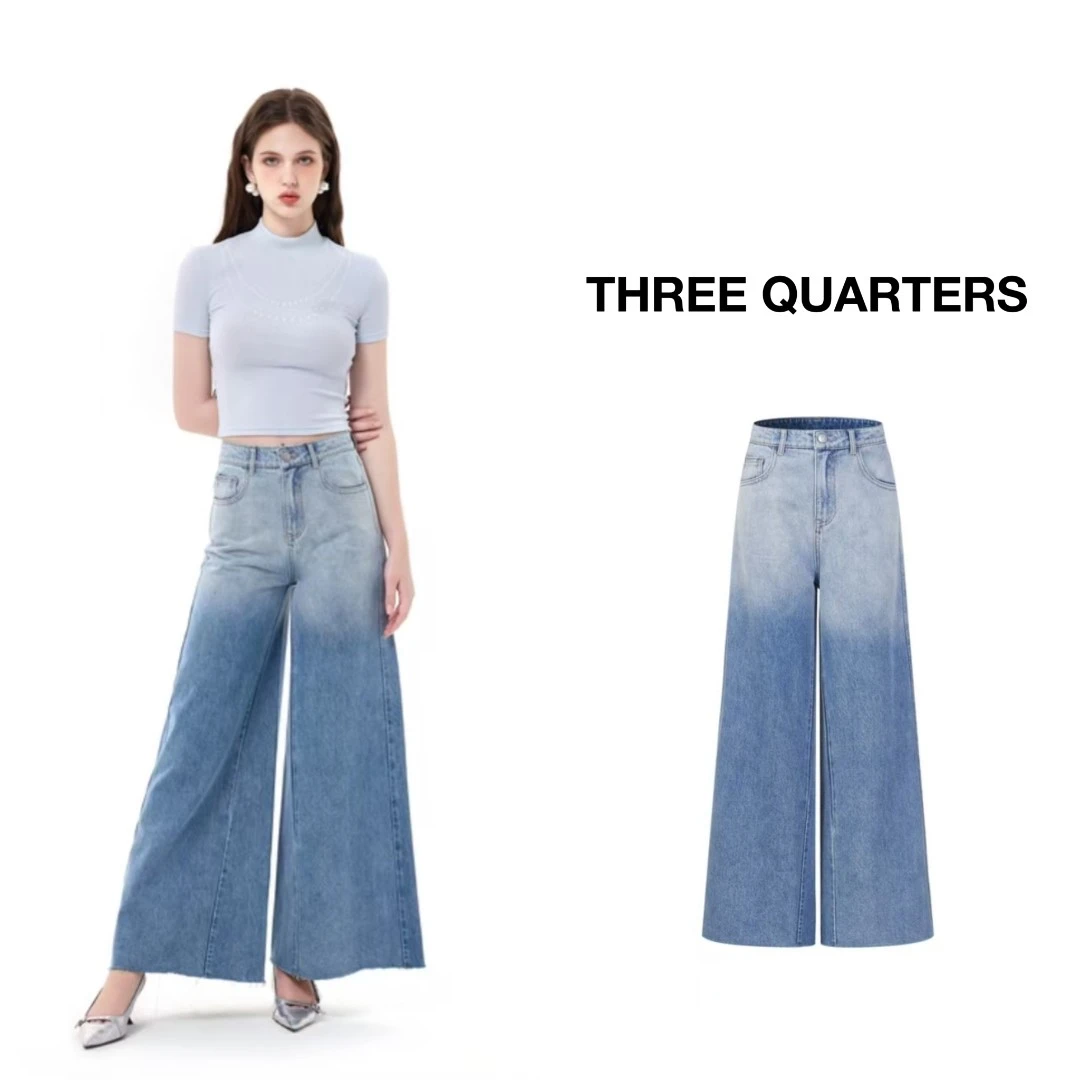Three Quarters渐变中腰拉链阔腿牛仔裤女款蓝色