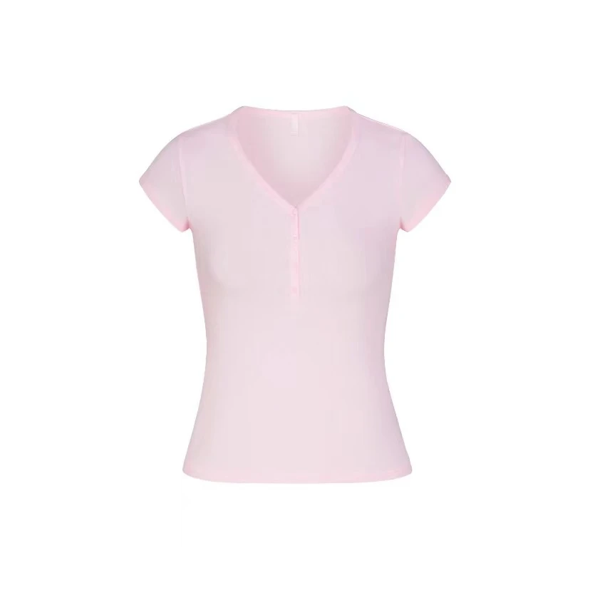 SKIMS 纯色V领修身舒适 辣妹 短袖 T恤 女款 CHERRY BLOSSOM/樱花
