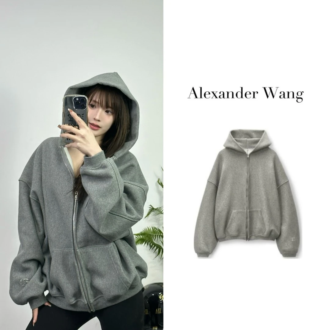 AlexanderWang亚历山大王FW23闪闪系列纯色拉链连帽灰色长袖 卫衣