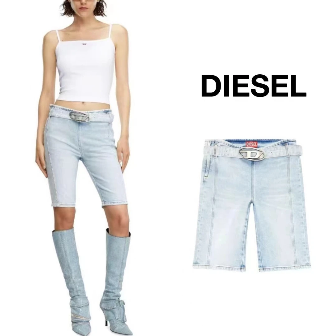 DIESEL迪赛 SS24 OVAL-D系列 纯色徽标腰带 牛仔短裤 女款 浅蓝色