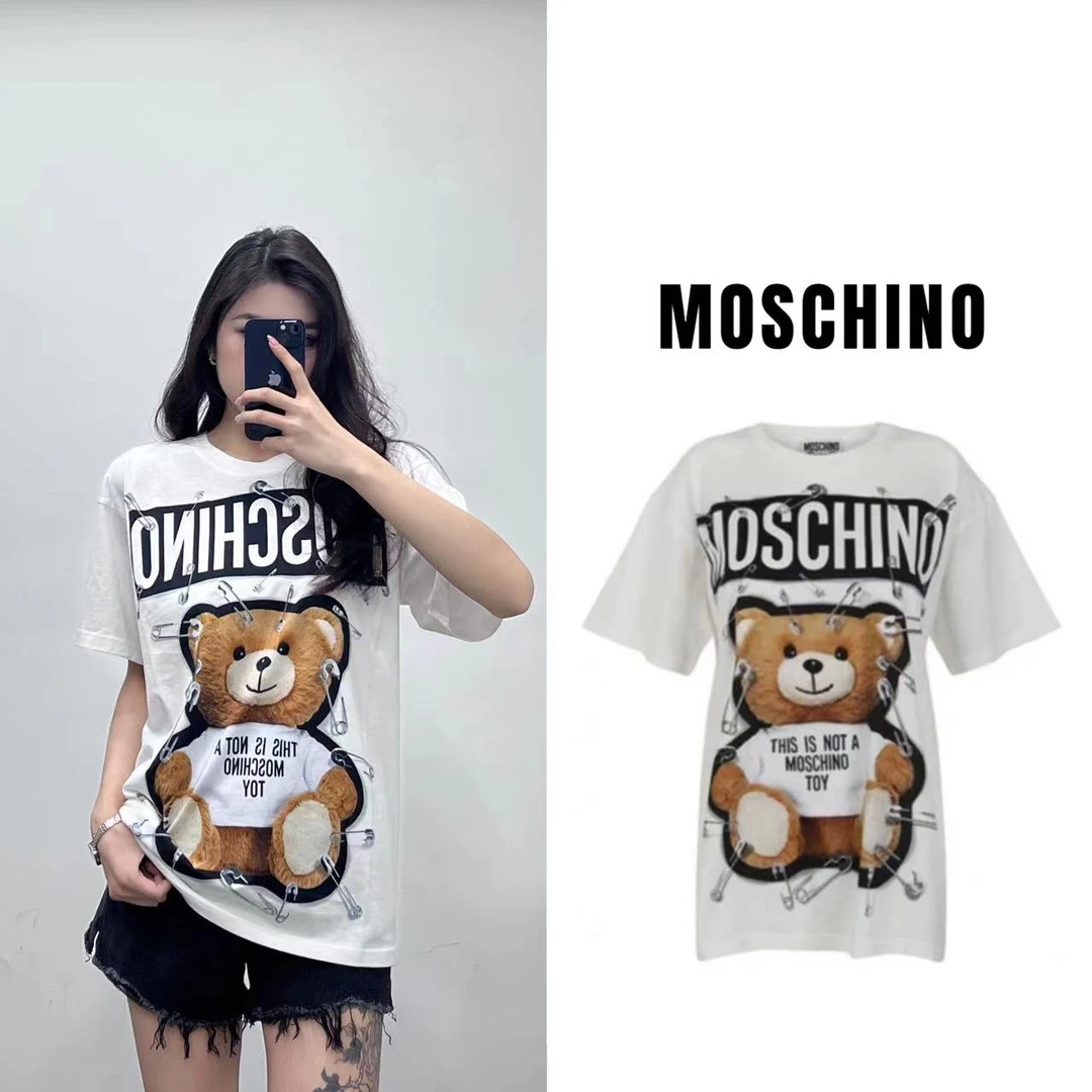 MOSCHINO莫斯奇诺 别针小熊印花字母棉质经典宽松短袖T恤男女同款