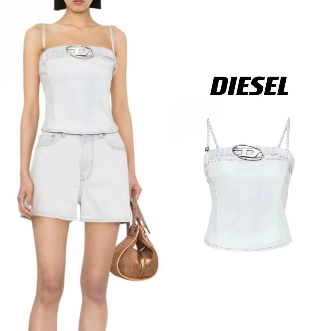 DIESEL迪赛 胸前LOGO标牌 方领细肩带设计款吊带辣妹 女款 浅蓝色