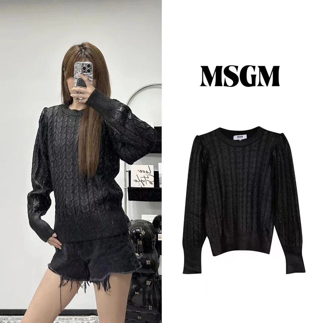 MSGM 纯色 油光感圆领 设计感罗纹边饰套头针织衫 毛衣 女款 黑色