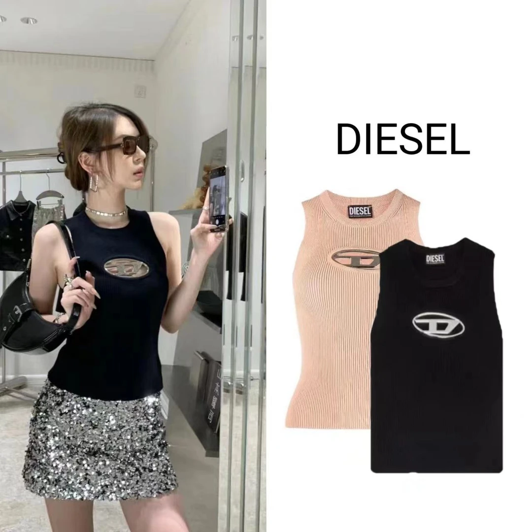 DIESEL迪赛 FW22 OVAL -D系列金属镂空logo 辣妹修身无袖挂脖背心