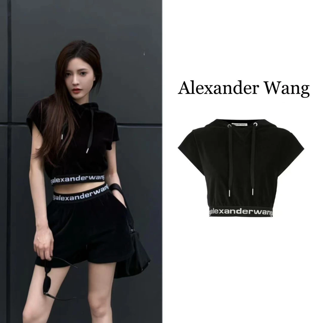 Alexander Wang亚历山大王 短款织带灯芯绒短袖女款辣妹连帽卫衣