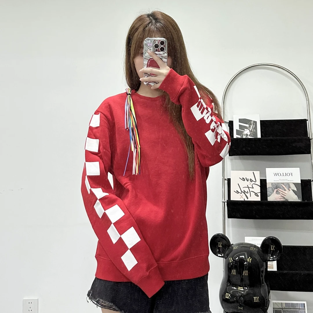 MSGM 圆领 纯色设计感棋盘格袖边印花螺纹袖口 套头卫衣 男女同款