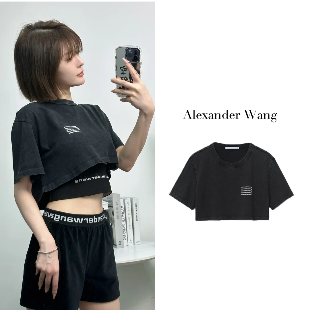 AlexanderWang亚历山大王 SS20酸洗做旧徽标Logo短款短袖T恤 黑色