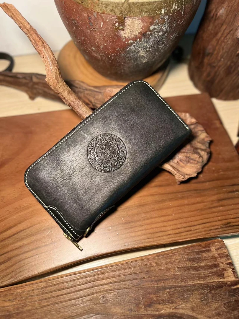 复古真皮九宫钱包长款拉链包牛皮夹子复古竖款真皮手抓包卡包