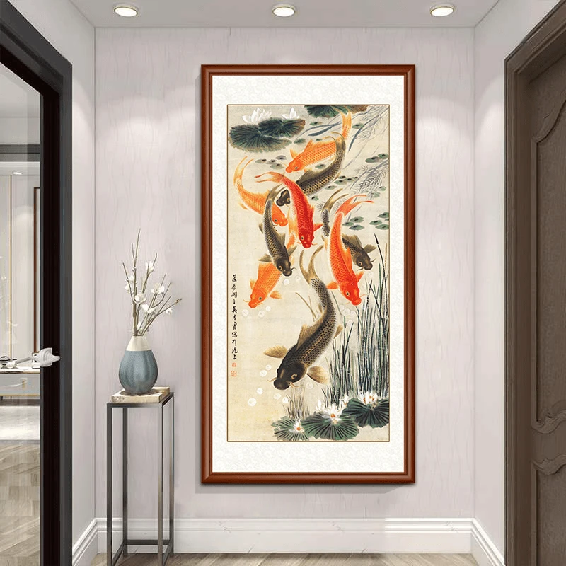 【九鱼聚财】双11  带框装裱 高清微喷装饰画 玄关过道挂画