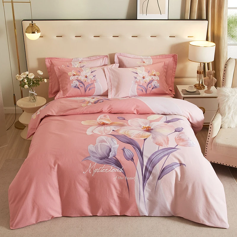 纯棉斜纹加厚印花全棉亲肤简约四件套-花叶漫舞