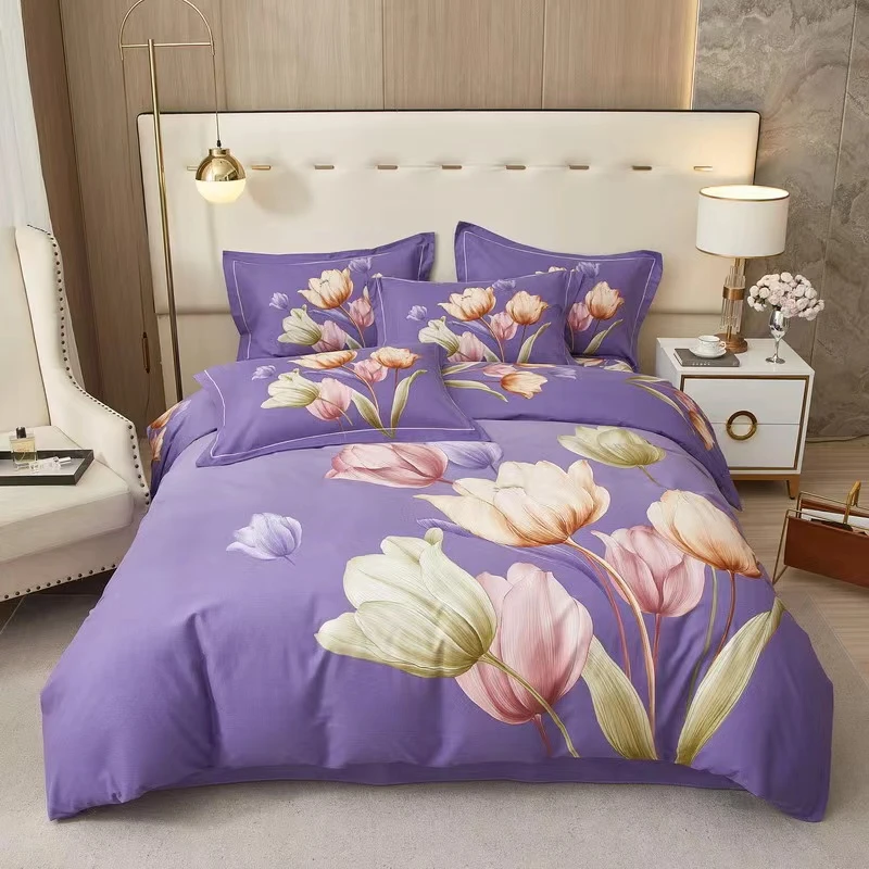 纯棉加厚斜纹全棉简约亲肤印花四件套-简爱紫