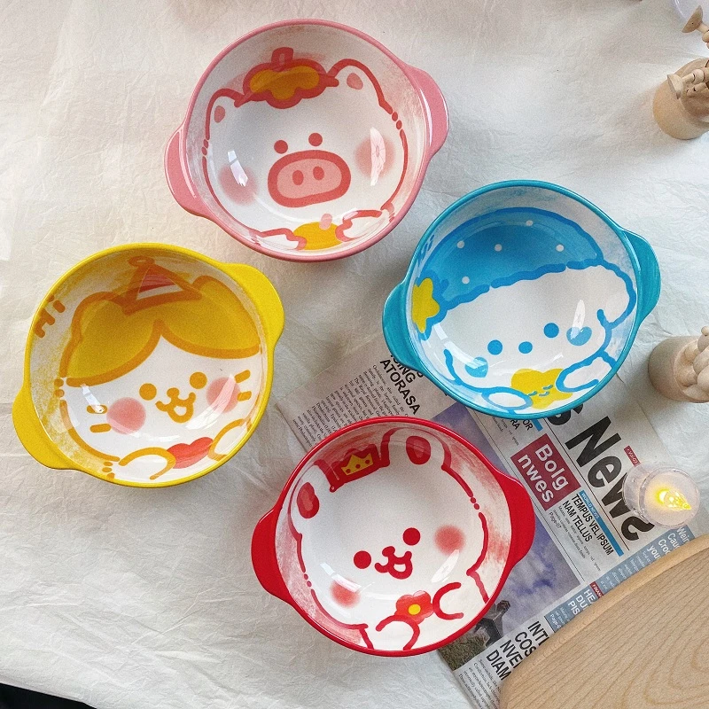 1双耳宝宝碗1勺组合套装陶瓷釉下彩卡通可爱高颜值碗勺微波炉碗