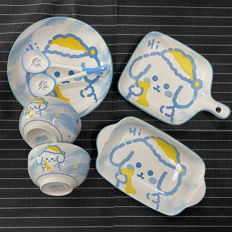 陶瓷釉下彩7件套双耳盘手柄盘饭碗勺子菜盘餐具套装卡通家用组合