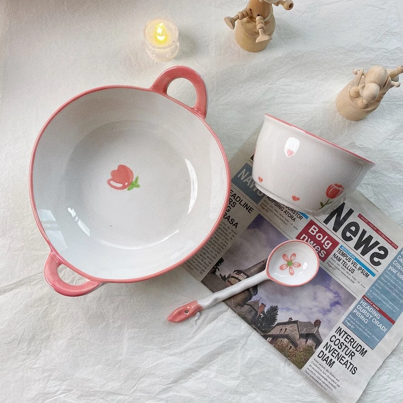 陶瓷釉下彩碗ins高颜值粉色餐具单人整套带耳朵双耳碗泡面碗饭碗