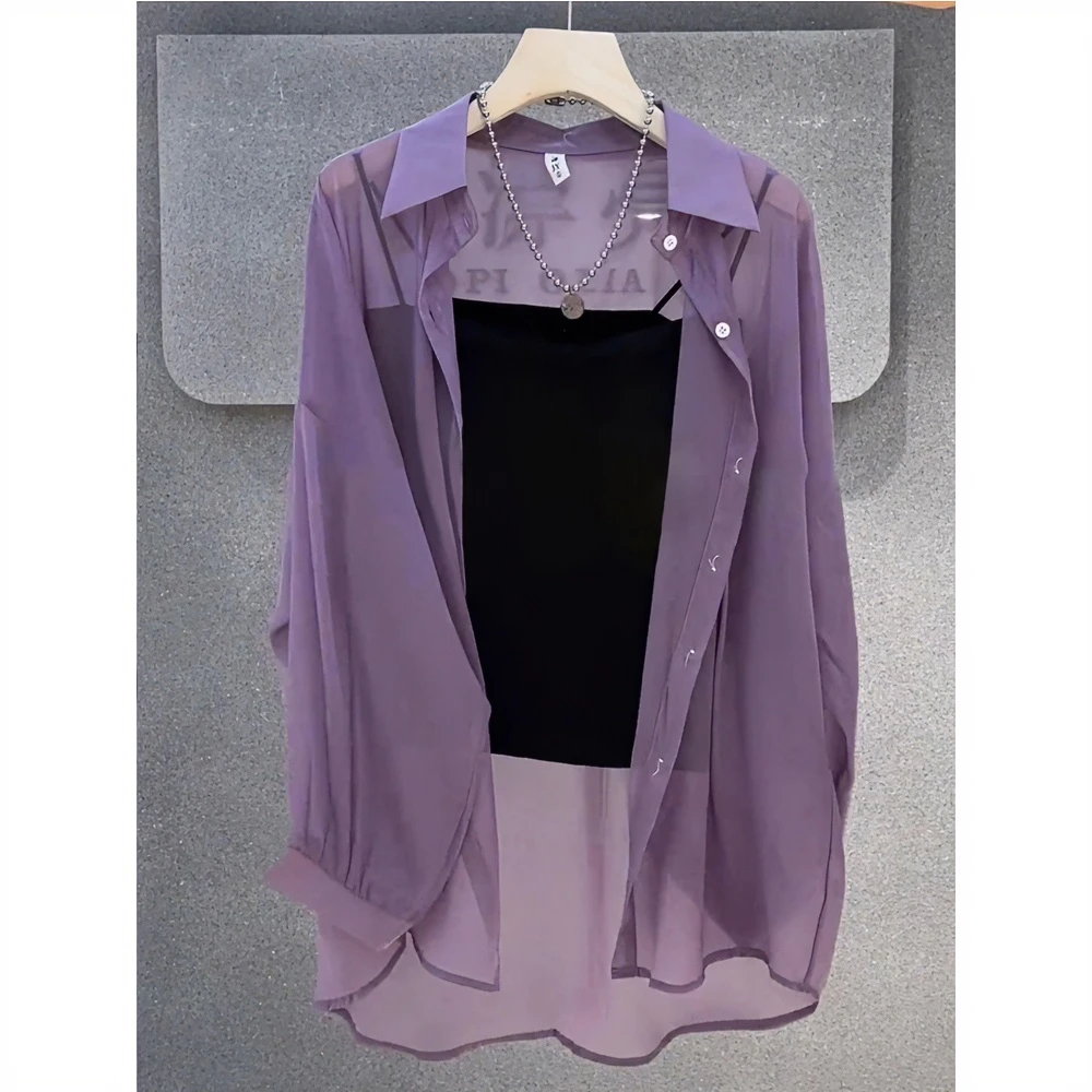 高端漂亮紫色雪纺大码上衣女2024年夏季薄款高级感冰丝衬衫防晒服