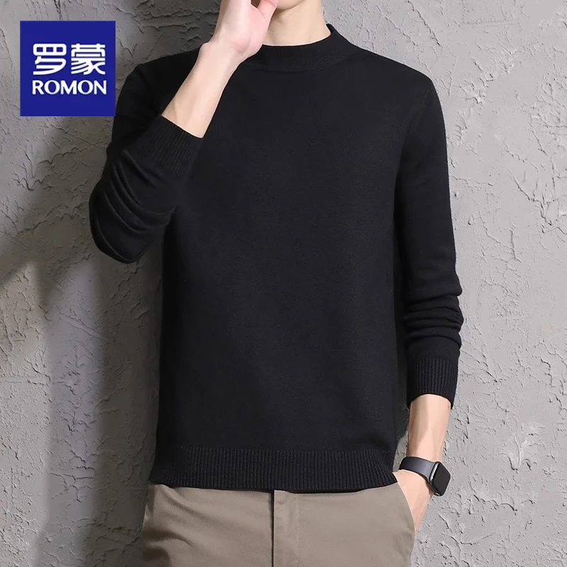 罗蒙秋冬半高领毛衣男修身百搭纯色圆领针织衫套头黑色打底线衣