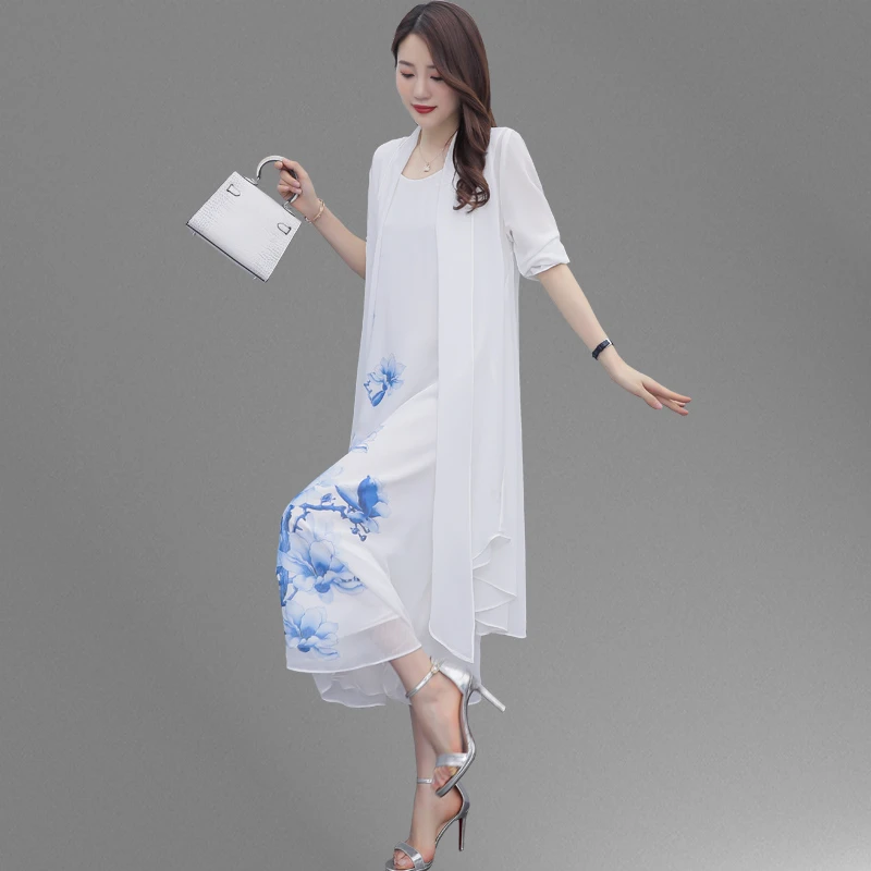 2025小披肩配裙子夏季新款雪纺开衫女中长款防晒衣外套连衣裙套装