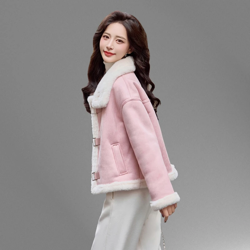皮毛一体羊羔绒厚外套女短款2025冬新款小个子仿鹿皮绒机车服夹克