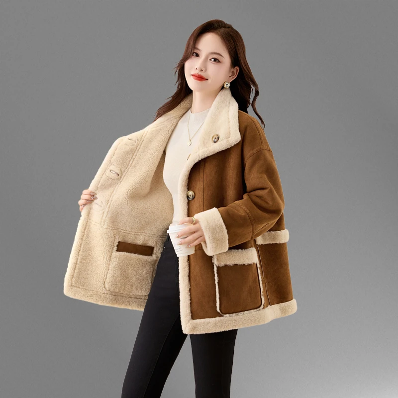 两面穿皮毛一体羊羔绒棉服外套女2025冬季新款中长款加厚机车棉衣