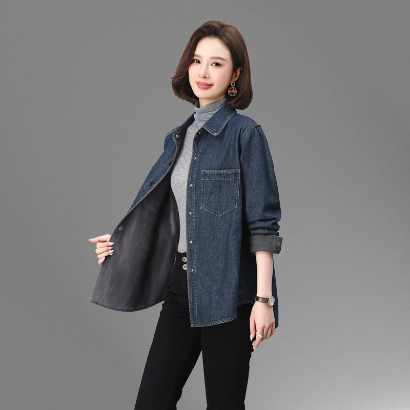 加绒牛仔衬衫女2025冬新款宽松大码小个子叠穿休闲polo领衬衣外套