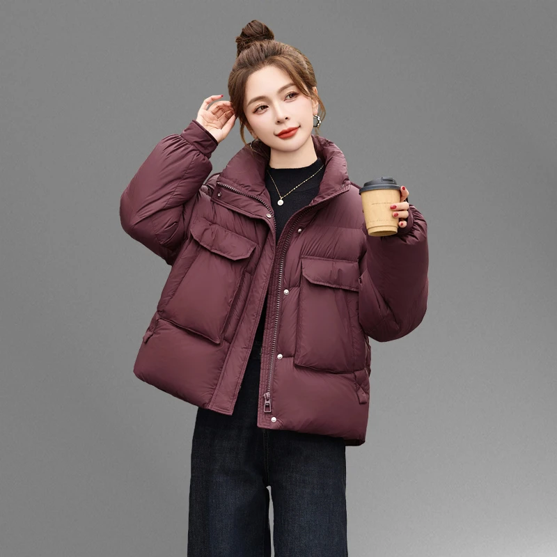 安可拉红短款羽绒服女冬季2025年新款高级感时尚白鸭绒面包服外套