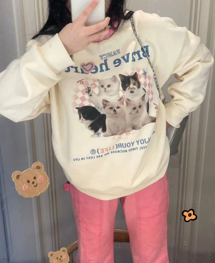 秋冬百搭粉色棋盘格可爱猫咪卡通印花加绒套头宽松圆领卫衣女韩版