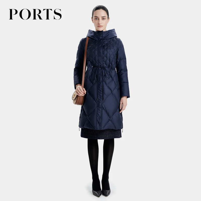 PORTS宝姿 女装秋冬款丈青色渐变气质优雅时尚通勤菱格轻羽绒大衣