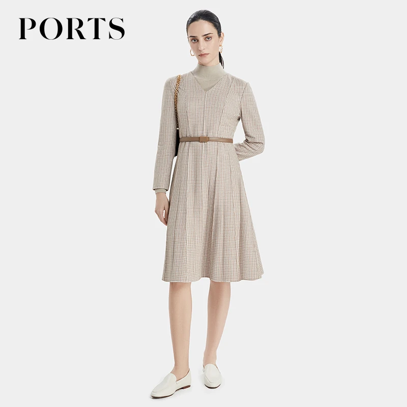 PORTS宝姿女装秋季新款百搭高级感小千鸟格纹提花收腰连衣裙女 士