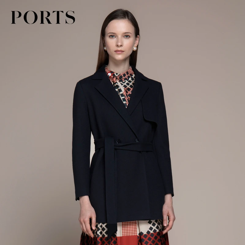 PORTS宝姿 秋冬女装时尚长袖通勤风针织短款收腰系带修身大衣外套