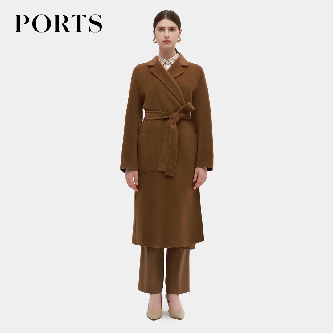 PORTS宝姿女装秋冬时尚修身高级感系带羊毛大衣中长双面呢大衣